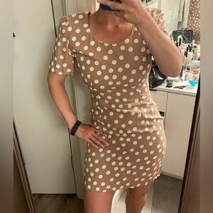 Vintage 90s polka dot dress mini neutral tan white dots XS Small
